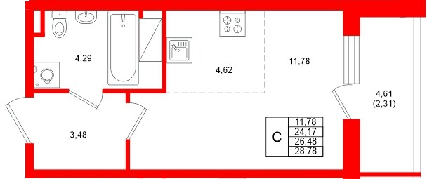 Планировка — Студия квартира, 26,5 м² в ЖК «Аквилон Верба»