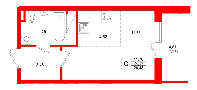 Планировка — Студия квартира, 26,5 м² в ЖК «Аквилон Верба»