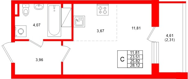 Планировка — Студия квартира, 25,8 м² в ЖК «Аквилон Верба»