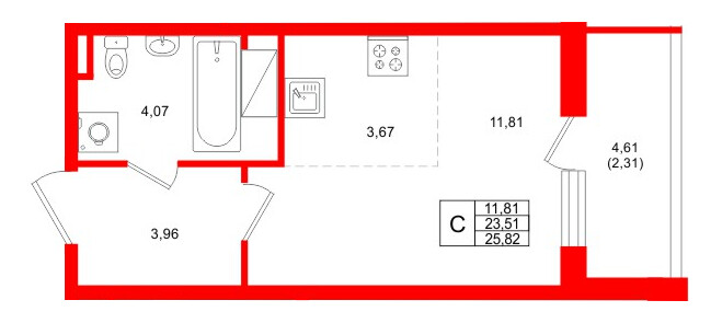 Планировка — Студия квартира, 25,8 м² в ЖК «Аквилон Верба»