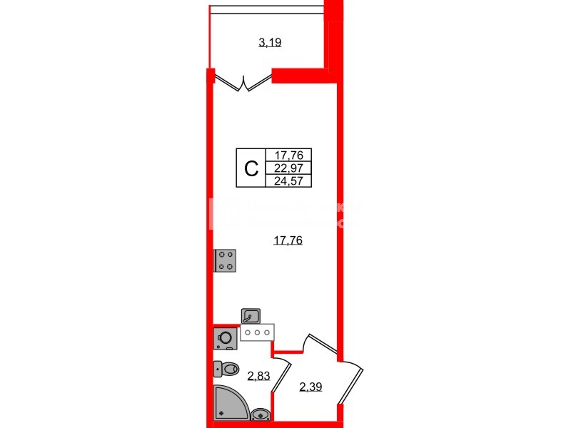 Планировка — Студия квартира, 24,6 м² в ЖК «Рождественский квартал»