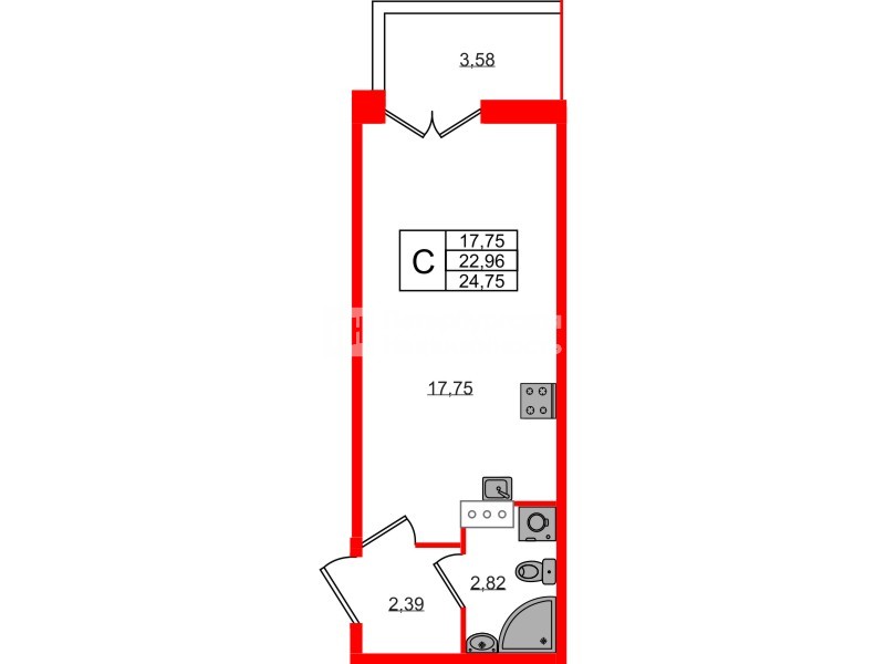 Планировка — Студия квартира, 24,8 м² в ЖК «Рождественский квартал»
