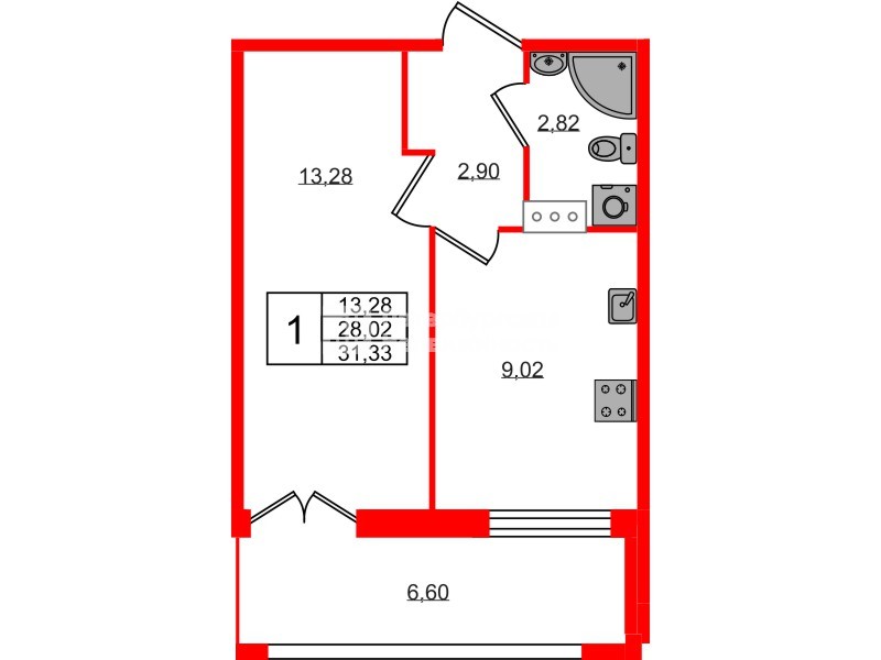 Квартира в ЖК «Рождественский квартал», 1 комнатная, 31.32 м², 6 этаж