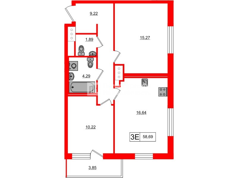 Квартира в ЖК 'OKLA', 2 комнатная, 58.69 м², 4 этаж