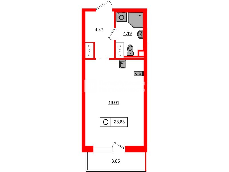 Квартира в ЖК 'OKLA', студия, 28.83 м², 15 этаж