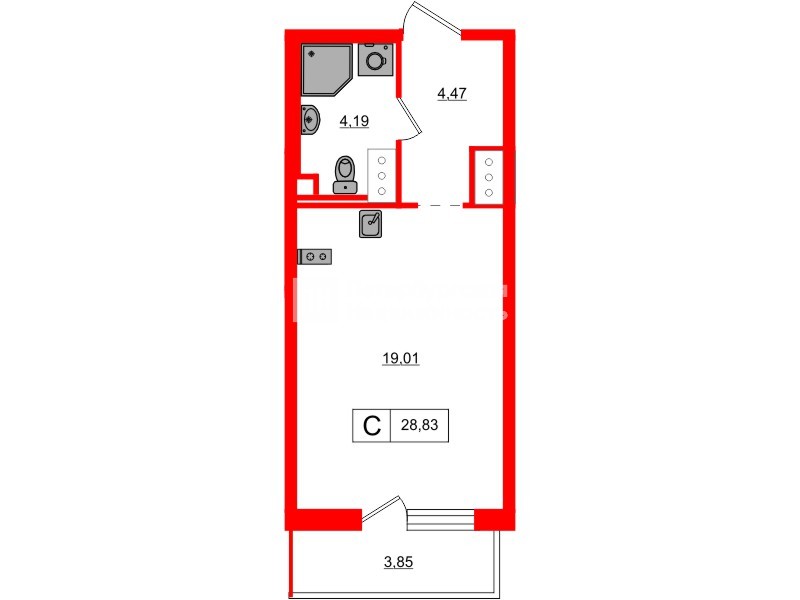 Квартира в ЖК 'OKLA', студия, 28.83 м², 7 этаж