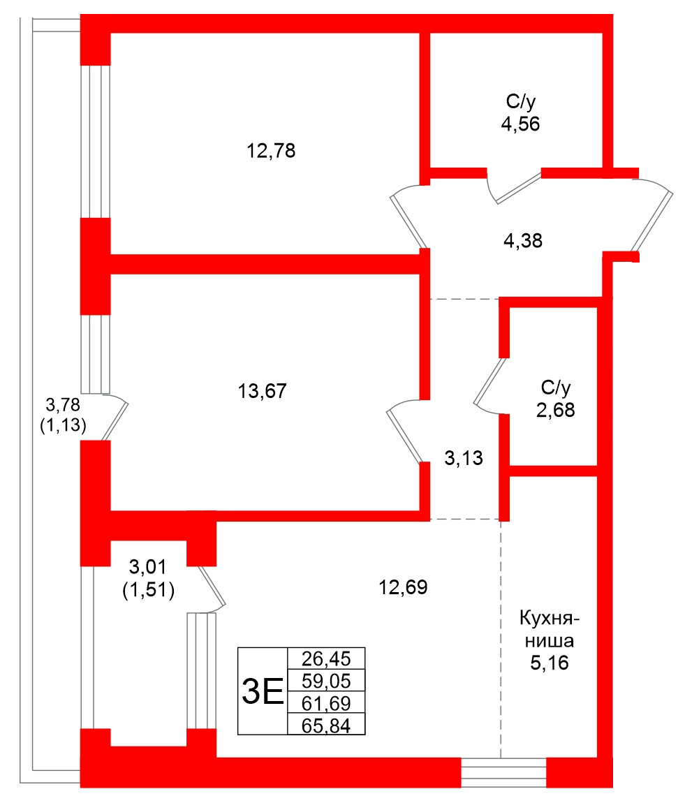 Квартира в ЖК Северный ветер, 2 комнатная, 65.84 м², 2 этаж