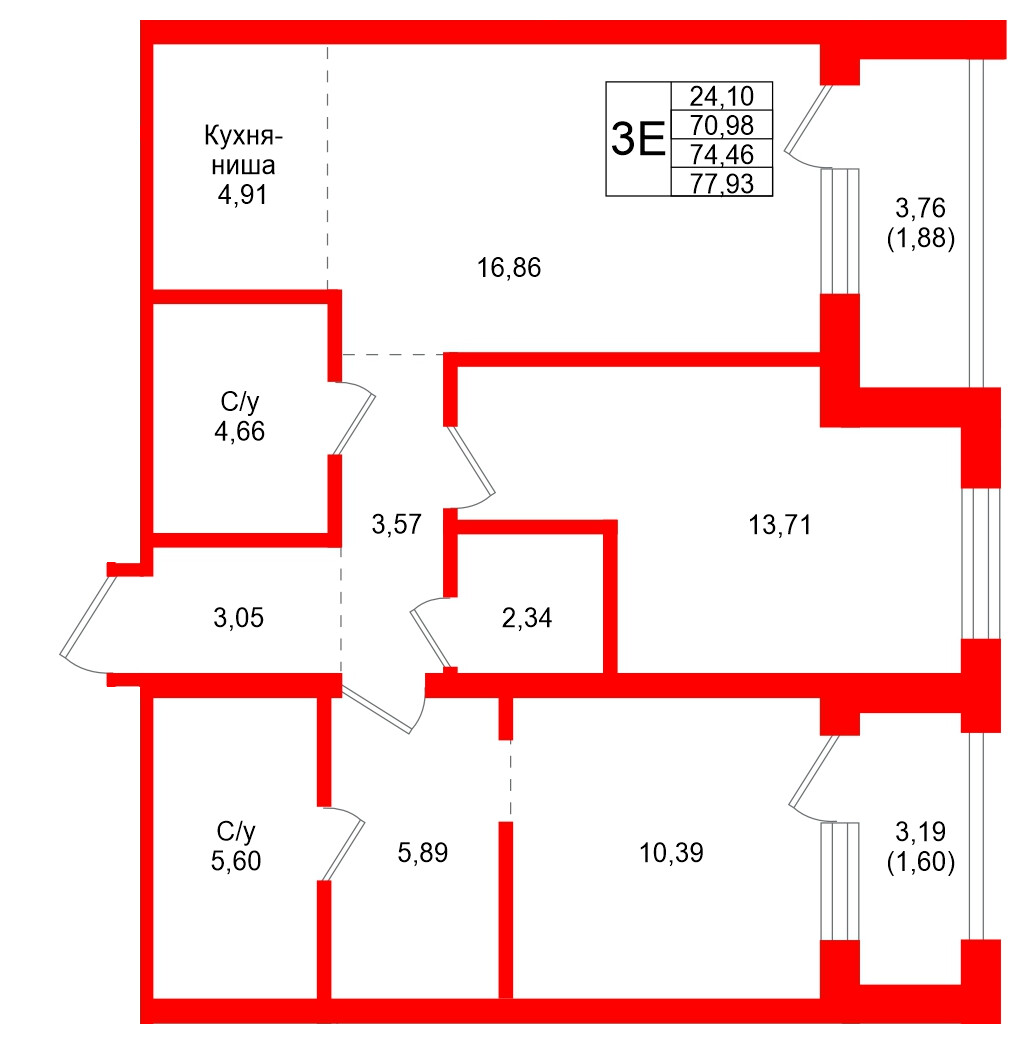 Квартира в ЖК Северный ветер, 2 комнатная, 77.93 м², 12 этаж