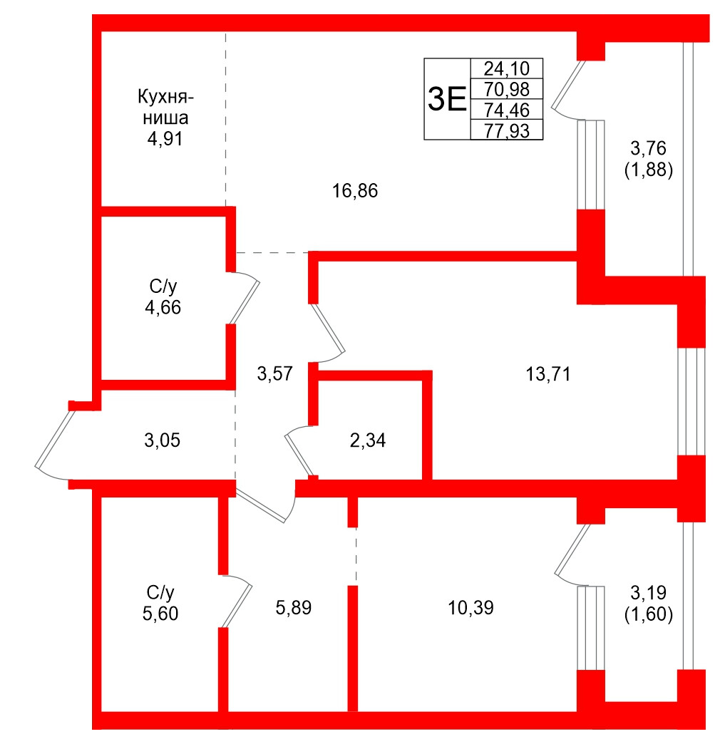 Квартира в ЖК Северный ветер, 2 комнатная, 77.93 м², 13 этаж