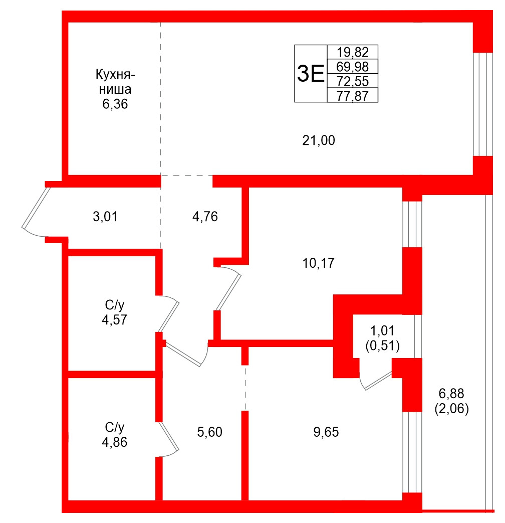 Квартира в ЖК Северный ветер, 2 комнатная, 77.87 м², 3 этаж