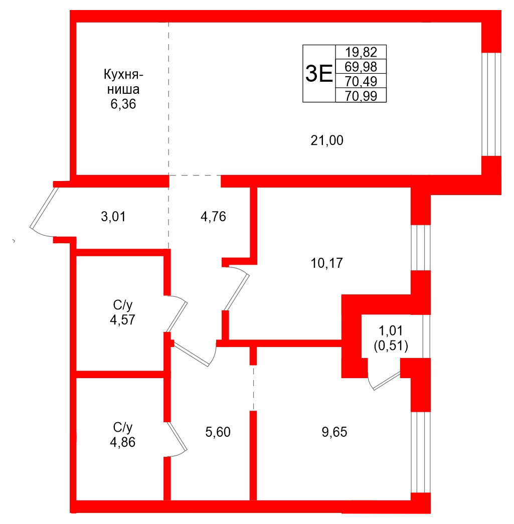 Квартира в ЖК Северный ветер, 2 комнатная, 70.99 м², 6 этаж