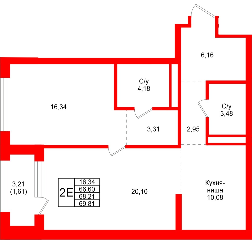Квартира в ЖК «Северный ветер», 1 комнатная, 69.81 м², 4 этаж