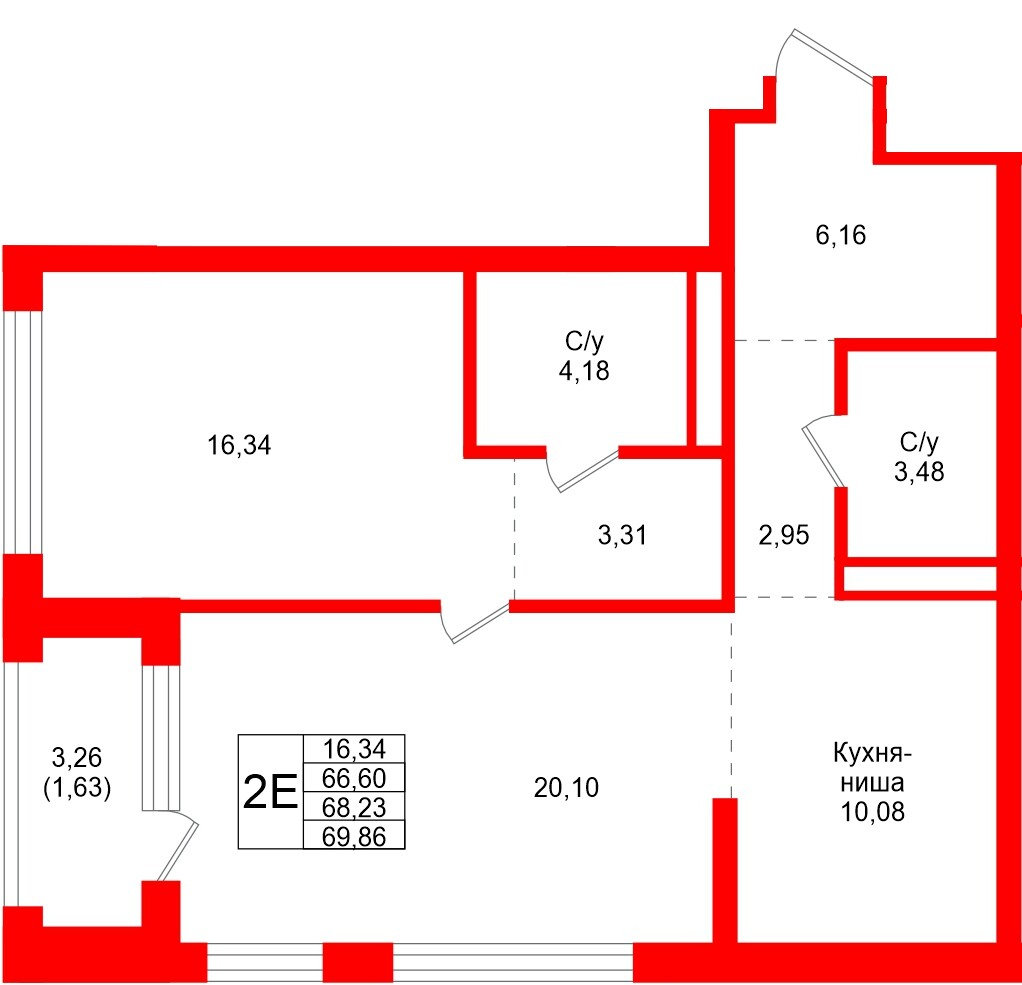 Квартира в ЖК «Северный ветер», 1 комнатная, 69.86 м², 13 этаж