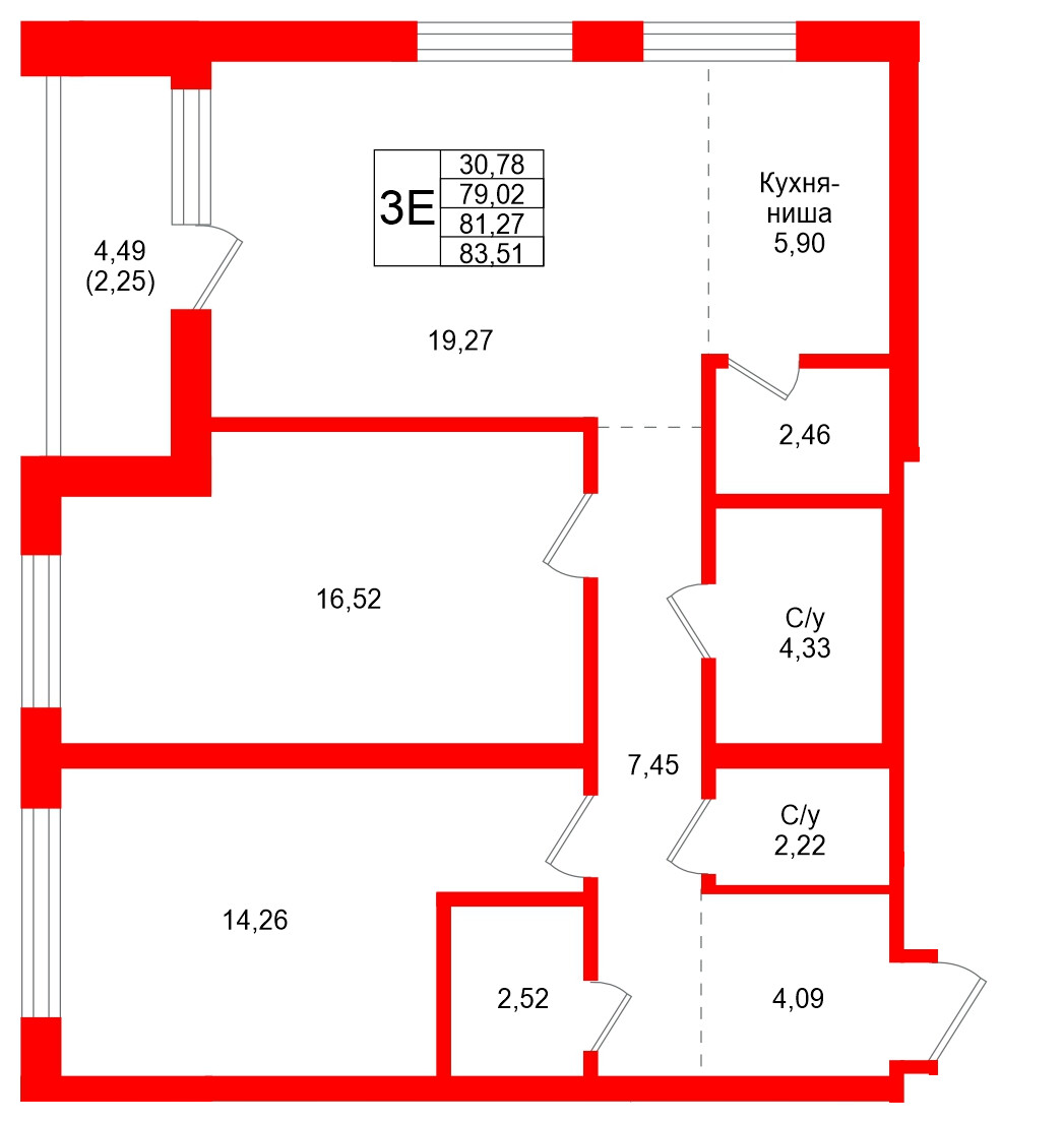 Квартира в ЖК Северный ветер, 2 комнатная, 83.51 м², 4 этаж