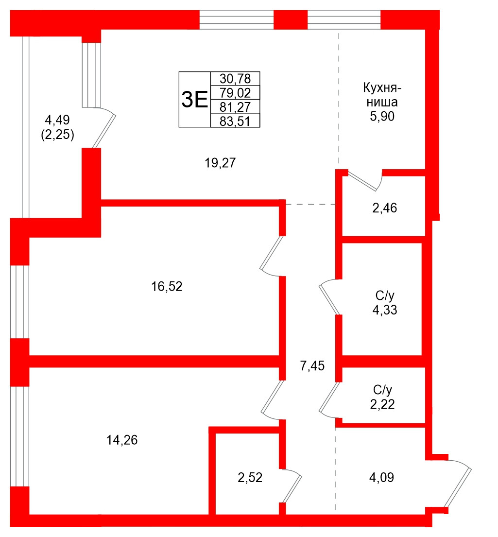 Квартира в ЖК Северный ветер, 2 комнатная, 83.51 м², 6 этаж