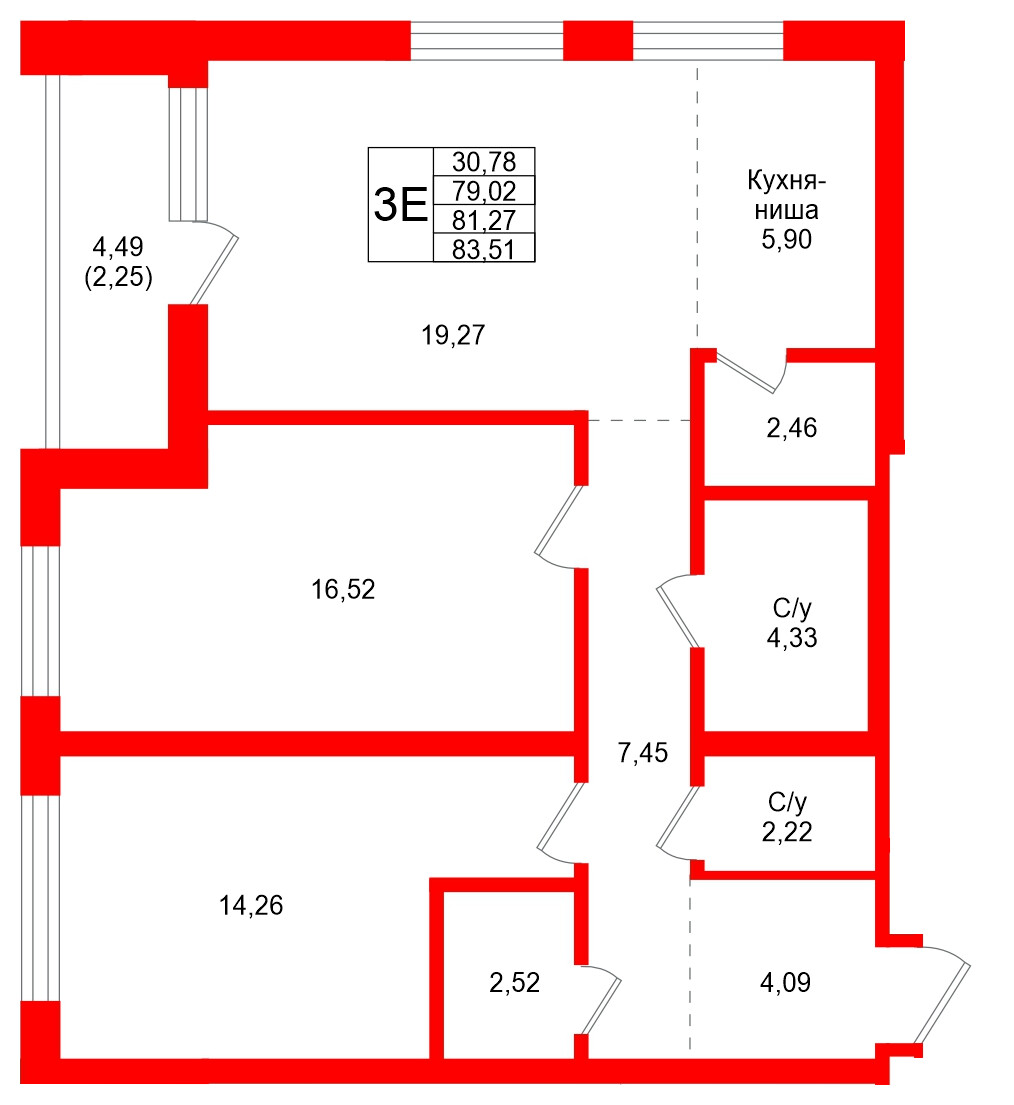Квартира в ЖК Северный ветер, 2 комнатная, 83.51 м², 12 этаж