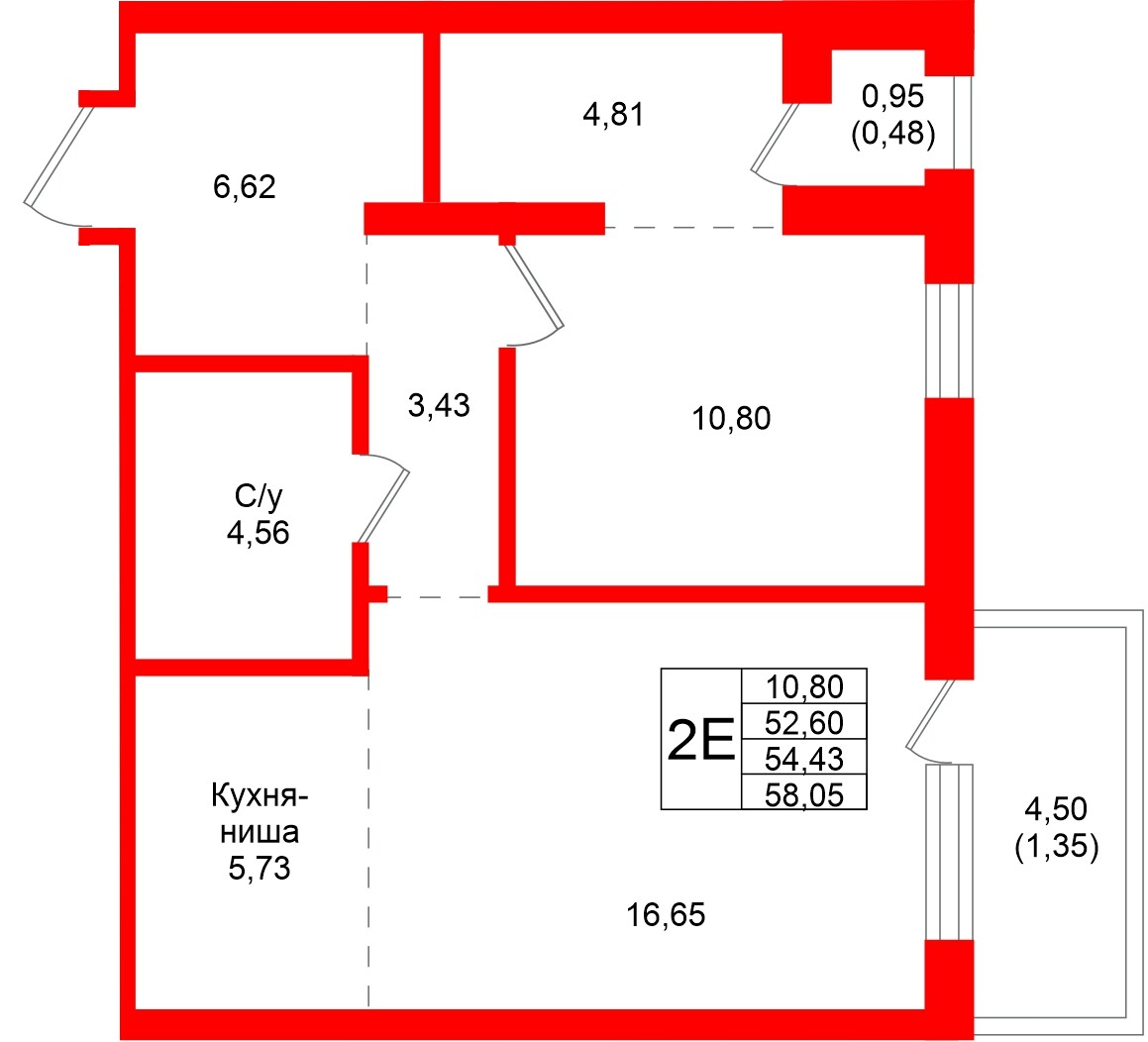 Квартира в ЖК Северный ветер, 1 комнатная, 58.05 м², 6 этаж