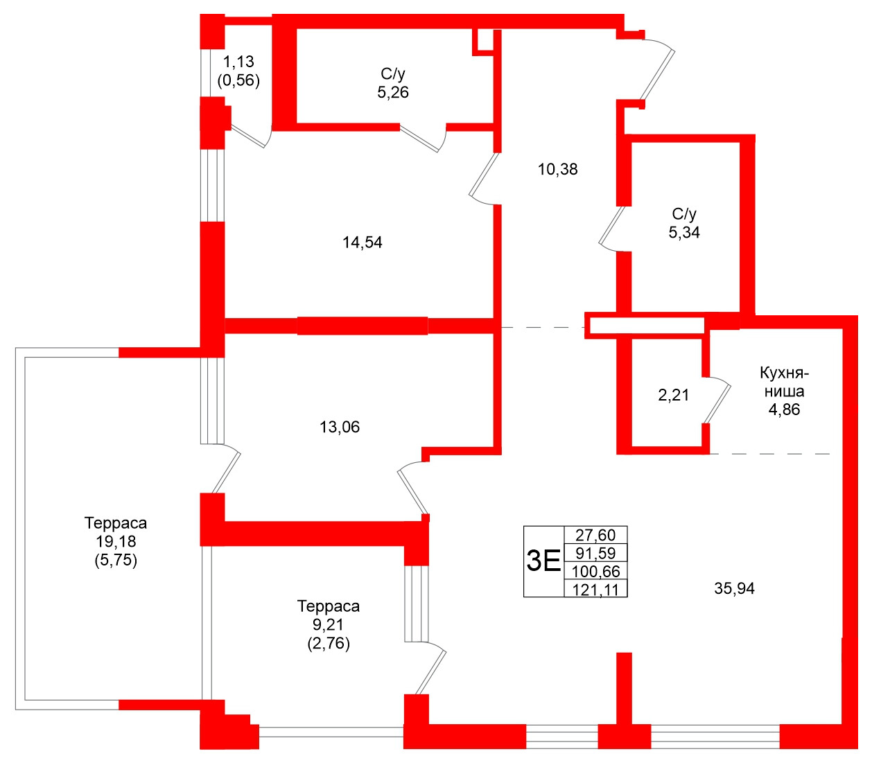 Квартира в ЖК Северный ветер, 2 комнатная, 121.11 м², 2 этаж