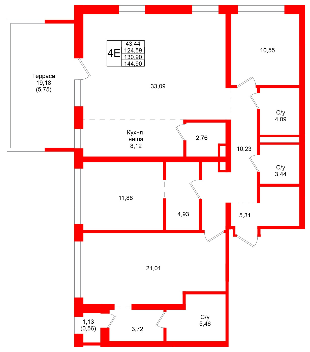 Квартира в ЖК Северный ветер, 3 комнатная, 144.9 м², 2 этаж