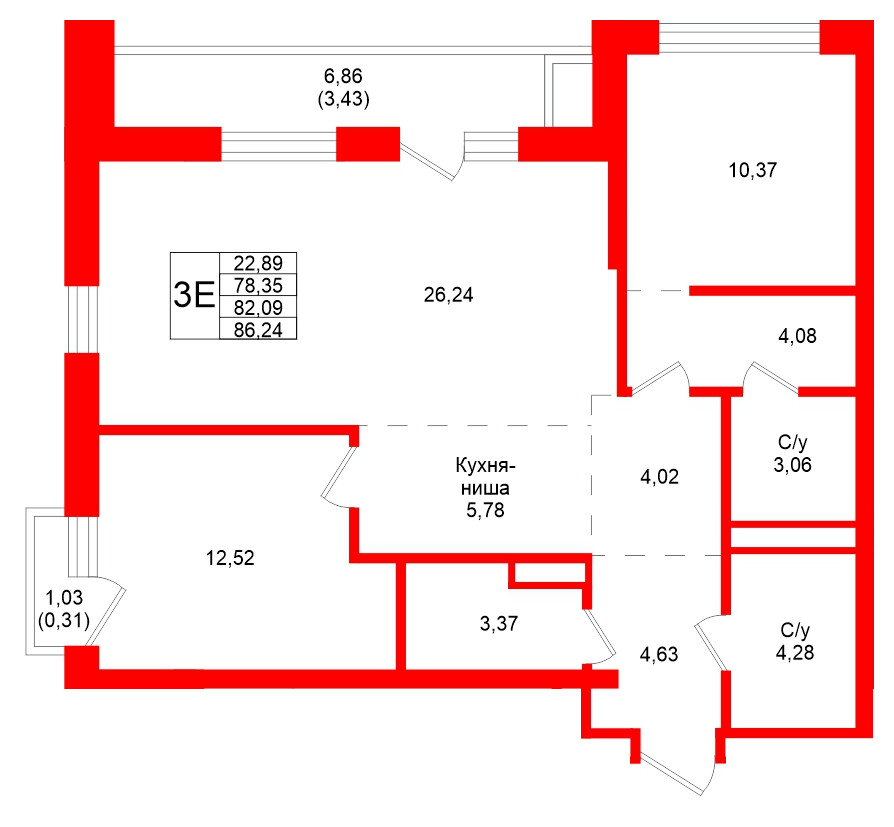 Квартира в ЖК Северный ветер, 2 комнатная, 86.24 м², 3 этаж