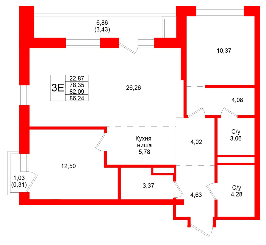 Квартира в ЖК Северный ветер, 2 комнатная, 86.24 м², 9 этаж