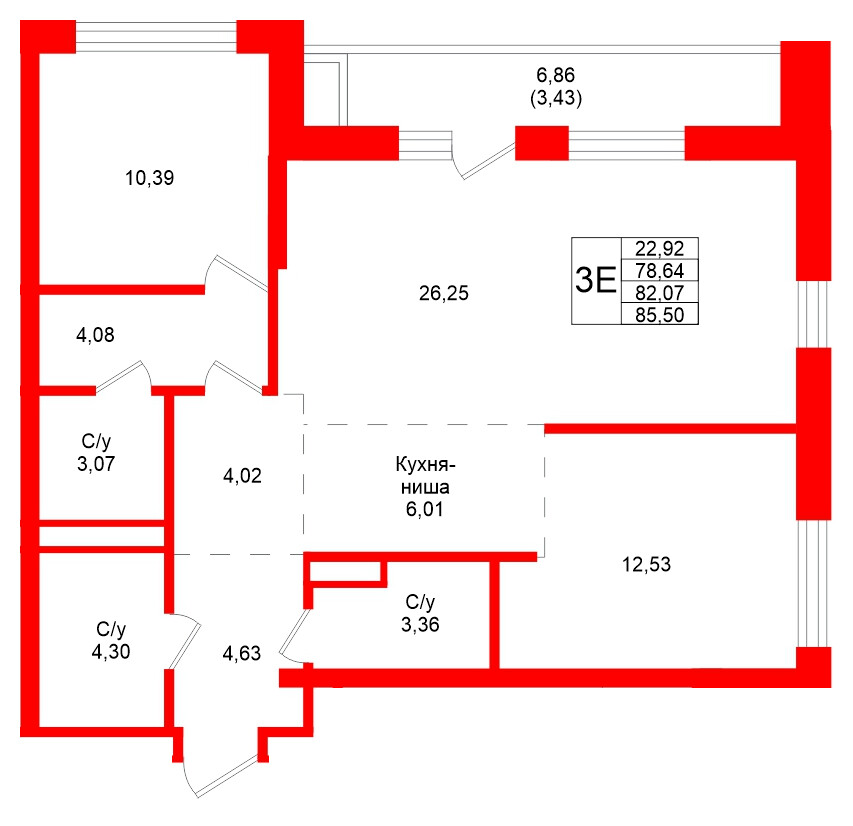 Квартира в ЖК Северный ветер, 2 комнатная, 85.5 м², 2 этаж
