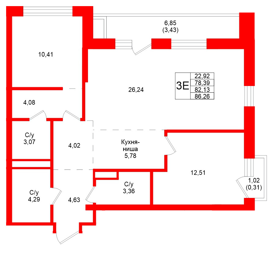 Квартира в ЖК Северный ветер, 2 комнатная, 86.26 м², 4 этаж