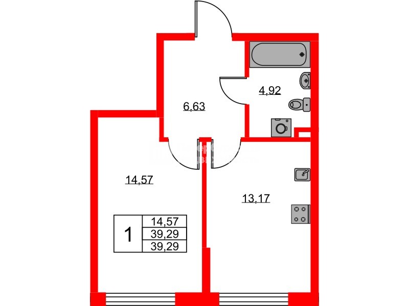 Квартира в ЖК «Охтинские высоты», 1 комнатная, 39.29 м², 1 этаж