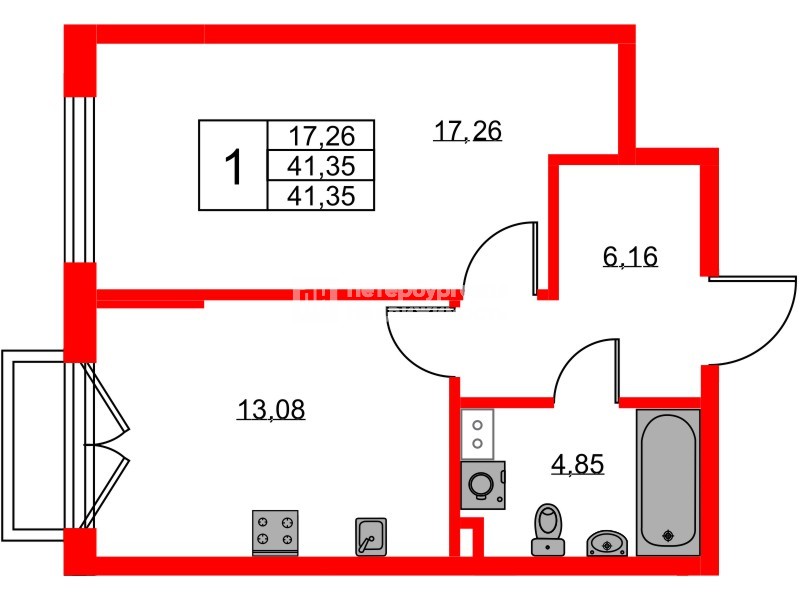 Квартира в ЖК «Охтинские высоты», 1 комнатная, 41.35 м², 3 этаж