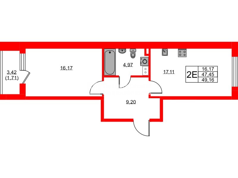 Квартира в ЖК «Охтинские высоты», 1 комнатная, 49.16 м², 2 этаж