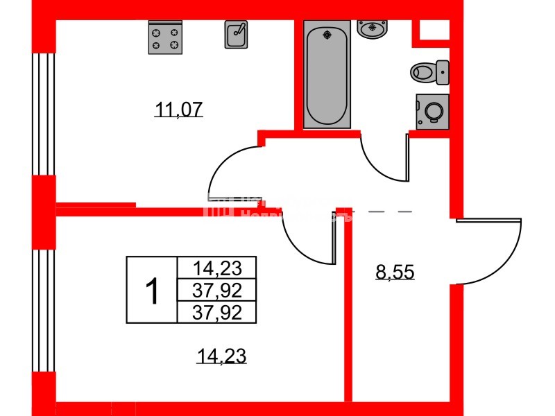 Квартира в ЖК «Охтинские высоты», 1 комнатная, 37.92 м², 1 этаж