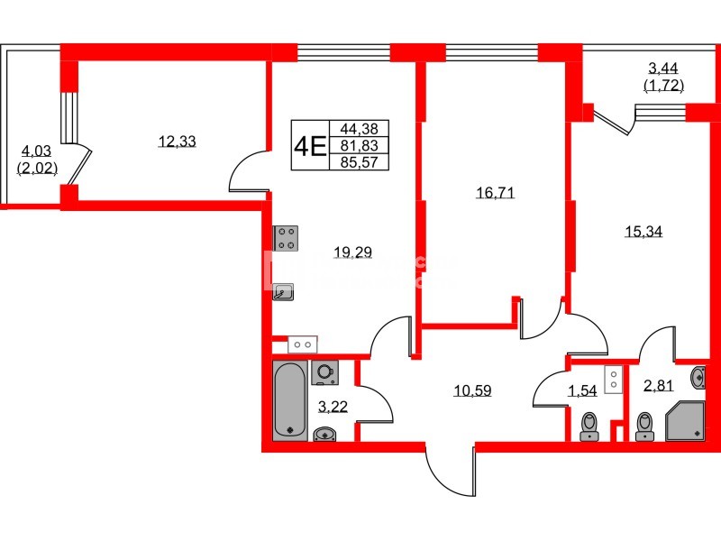 Квартира в ЖК Охтинские высоты, 3 комнатная, 85.57 м², 2 этаж