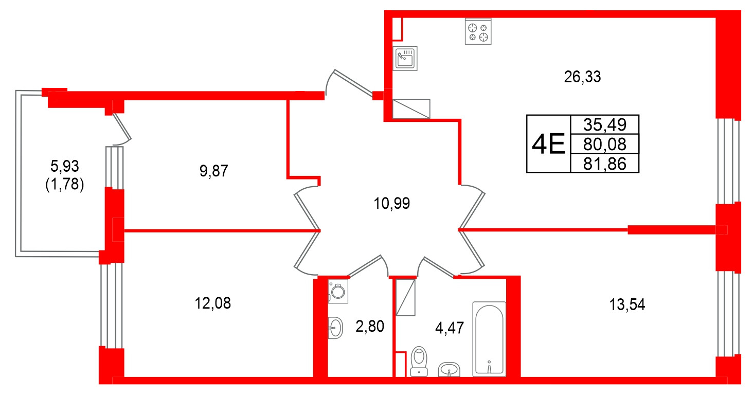 Квартира в ЖК «Аквилон RekaPark», 3 комнатная, 81.86 м², 8 этаж