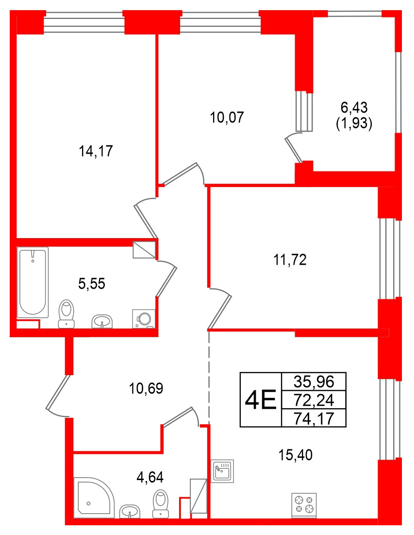 Квартира в ЖК «Аквилон RekaPark», 3 комнатная, 74.17 м², 3 этаж