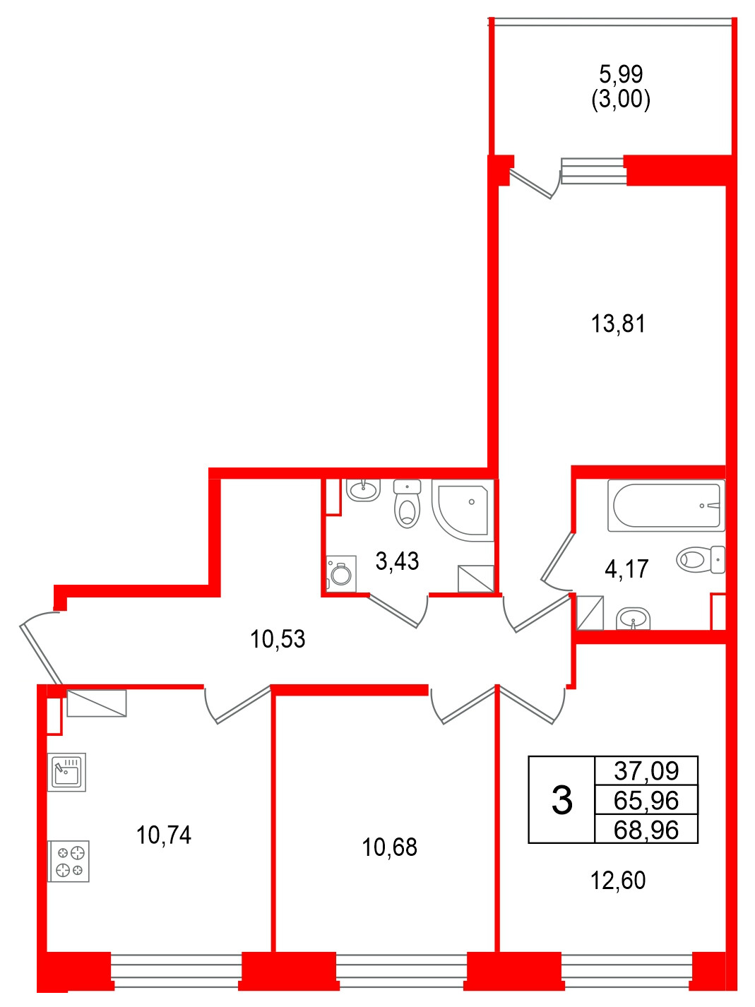 Квартира в ЖК «Аквилон RekaPark», 3 комнатная, 68.96 м², 4 этаж