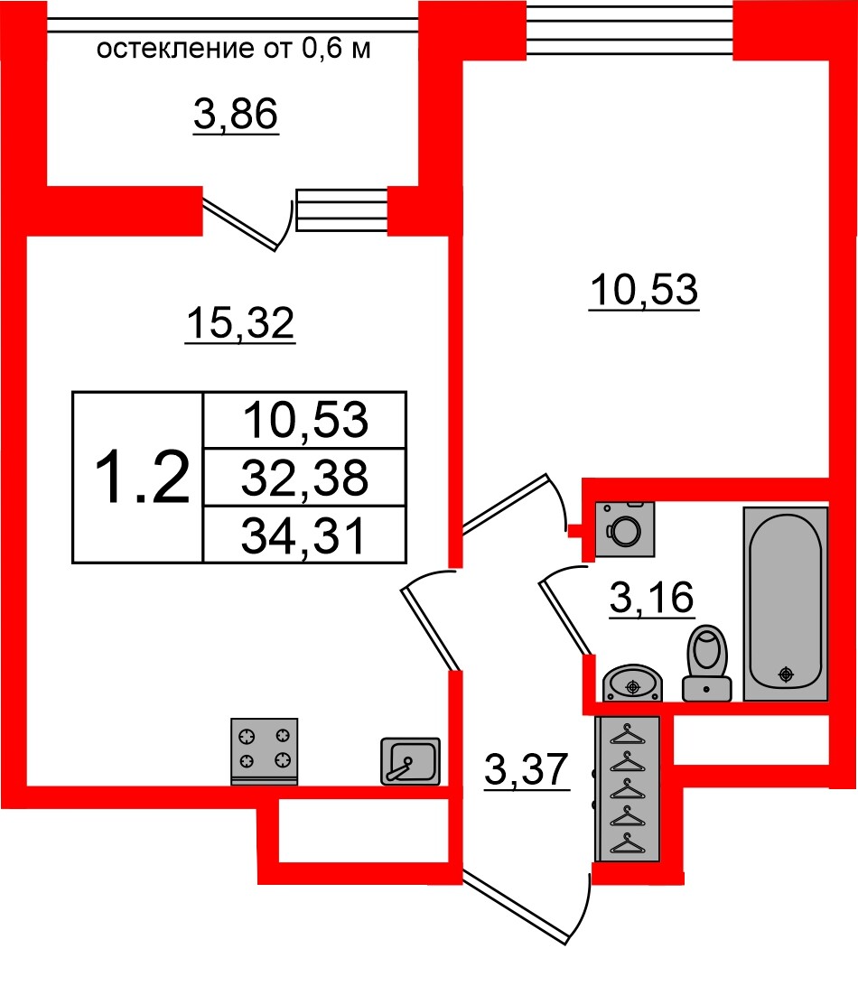 Квартира в ЖК «Город звёзд», 1 комнатная, 32.38 м², 2 этаж