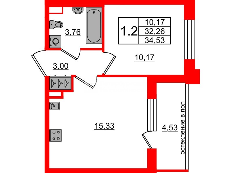 Квартира в ЖК Univer City, 1 комнатная, 32.26 м², 1 этаж