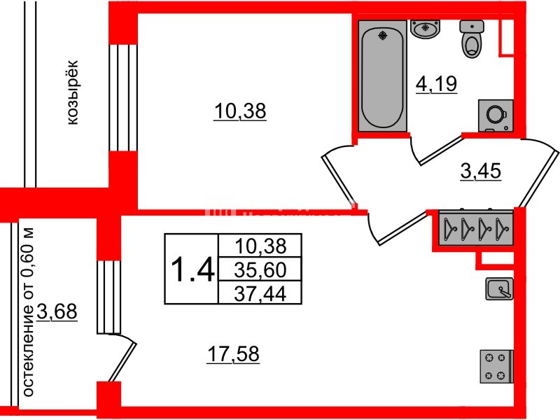 Квартира в ЖК Univer City, 1 комнатная, 35.6 м², 1 этаж