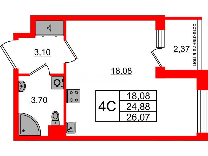 Квартира в ЖК Univer City, студия, 24.88 м², 1 этаж