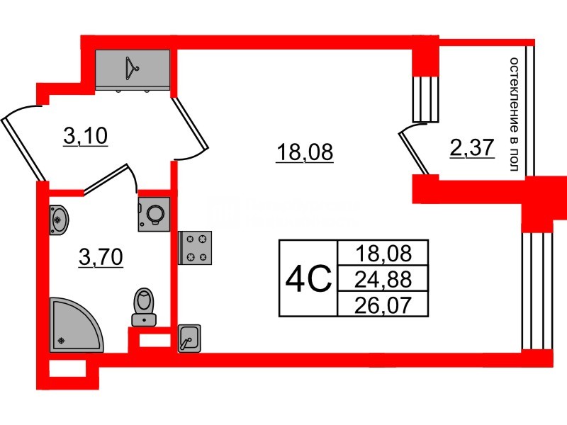 Квартира в ЖК Univer City, студия, 24.88 м², 1 этаж