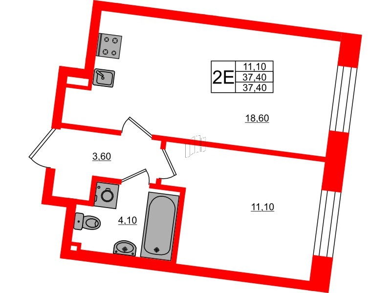 Квартира в ЖК Большая Охта, 1 комнатная, 37.4 м², 2 этаж