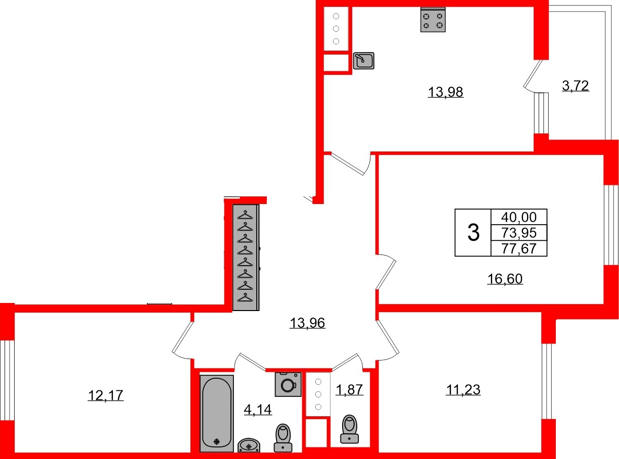 Квартира в ЖК ЯСНО.ЯНИНО, 3 комнатная, 73.95 м², 6 этаж