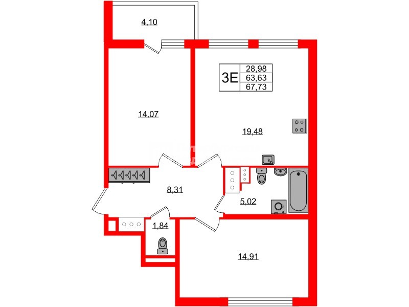 Квартира в ЖК ЯСНО.ЯНИНО, 2 комнатная, 63.63 м², 4 этаж