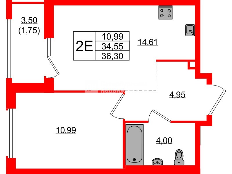 Квартира в ЖК Южная Нева, 1 комнатная, 36.3 м², 15 этаж