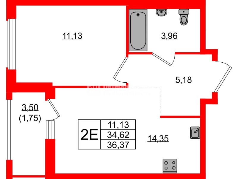 Квартира в ЖК Южная Нева, 1 комнатная, 36.37 м², 14 этаж