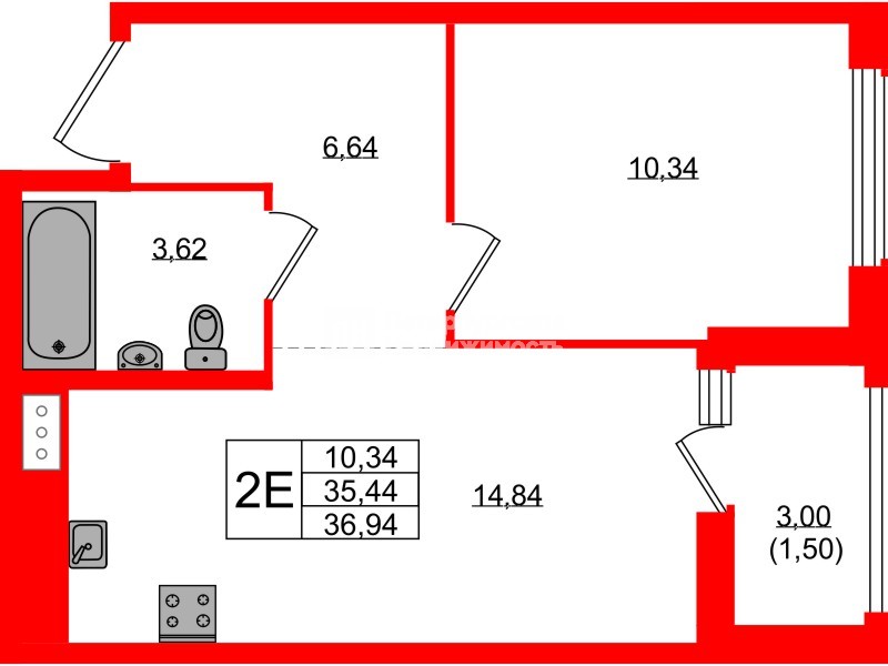 Квартира в ЖК Южная Нева, 1 комнатная, 36.94 м², 11 этаж