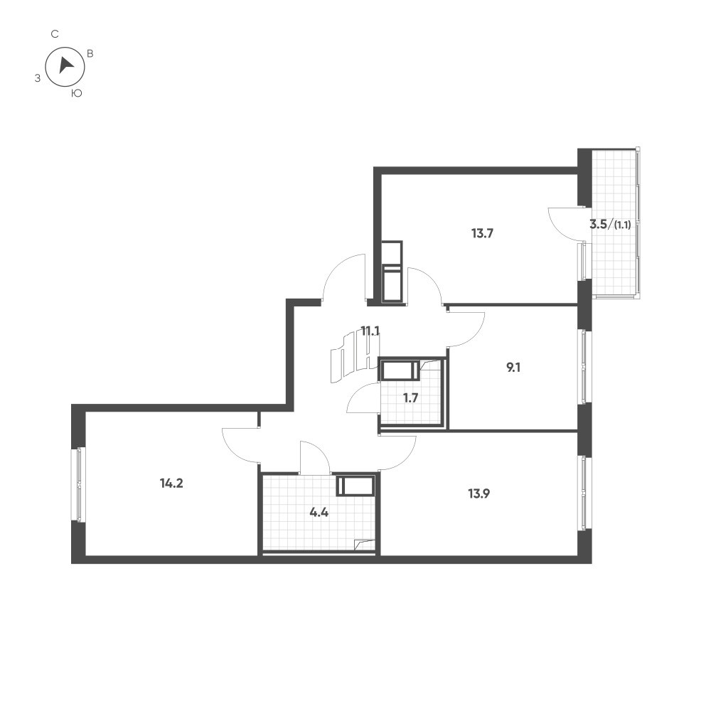 Квартира в ЖК Клюква.Парк, 3 комнатная, 69.2 м², 9 этаж