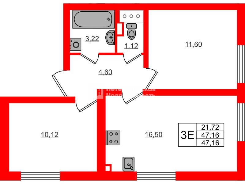Квартира в ЖК 'Морская миля', 2 комнатная, 47.16 м², 19 этаж