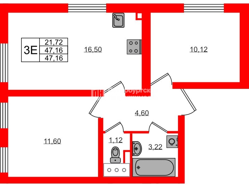 Квартира в ЖК 'Морская миля', 2 комнатная, 47.16 м², 18 этаж