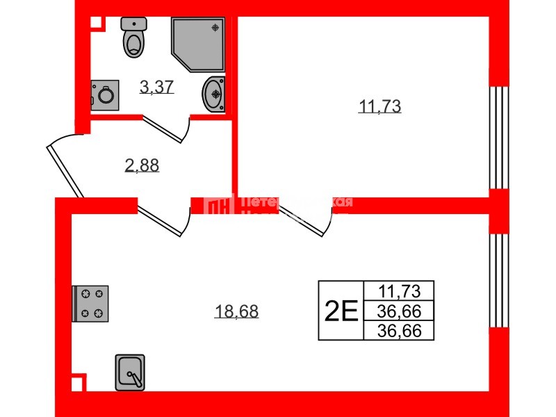 Квартира в ЖК «Морская миля», 1 комнатная, 36.66 м², 18 этаж